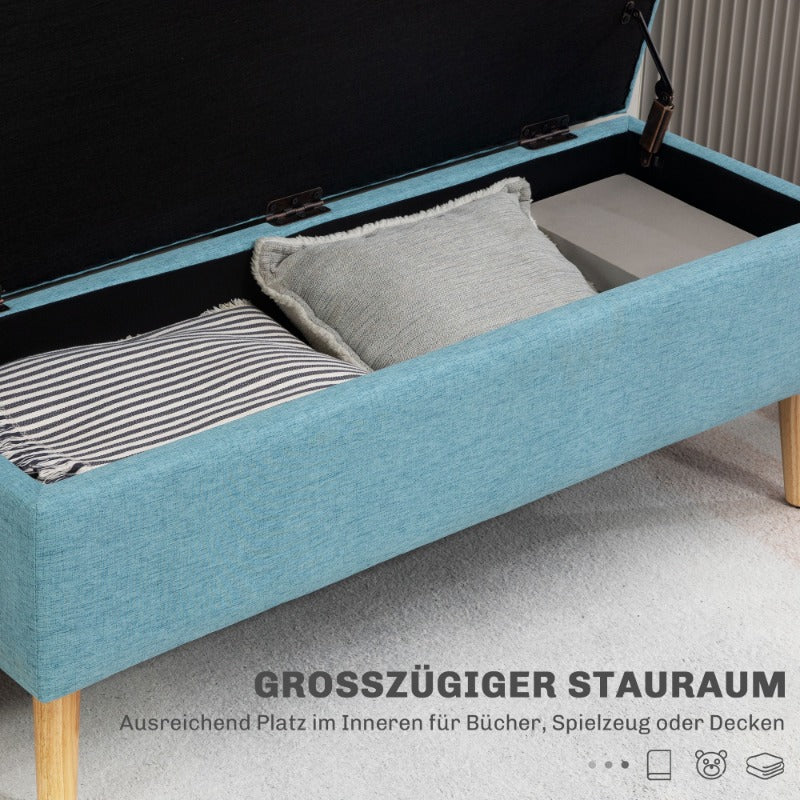 Opbergbank – Zitbank – Opbergkist – Poef – Bankje – Bekleed met Linnen Look – Afmetingen 110 x 39 x 45 cm – Rubberhout Frame – Blauw