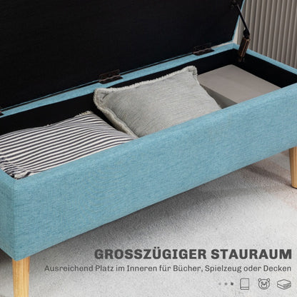 Opbergbank – Zitbank – Opbergkist – Poef – Bankje – Bekleed met Linnen Look – Afmetingen 110 x 39 x 45 cm – Rubberhout Frame – Blauw