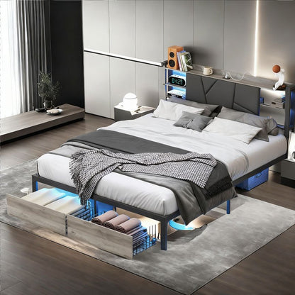 Tweepersoonsbed – Dubbelbed – Bedframe – Slaapbank – Opbergbed – 160 x 200 cm – PU Kunstleer Zwart – USB Poorten & LED Verlichting – Met Lade Opbergruimte