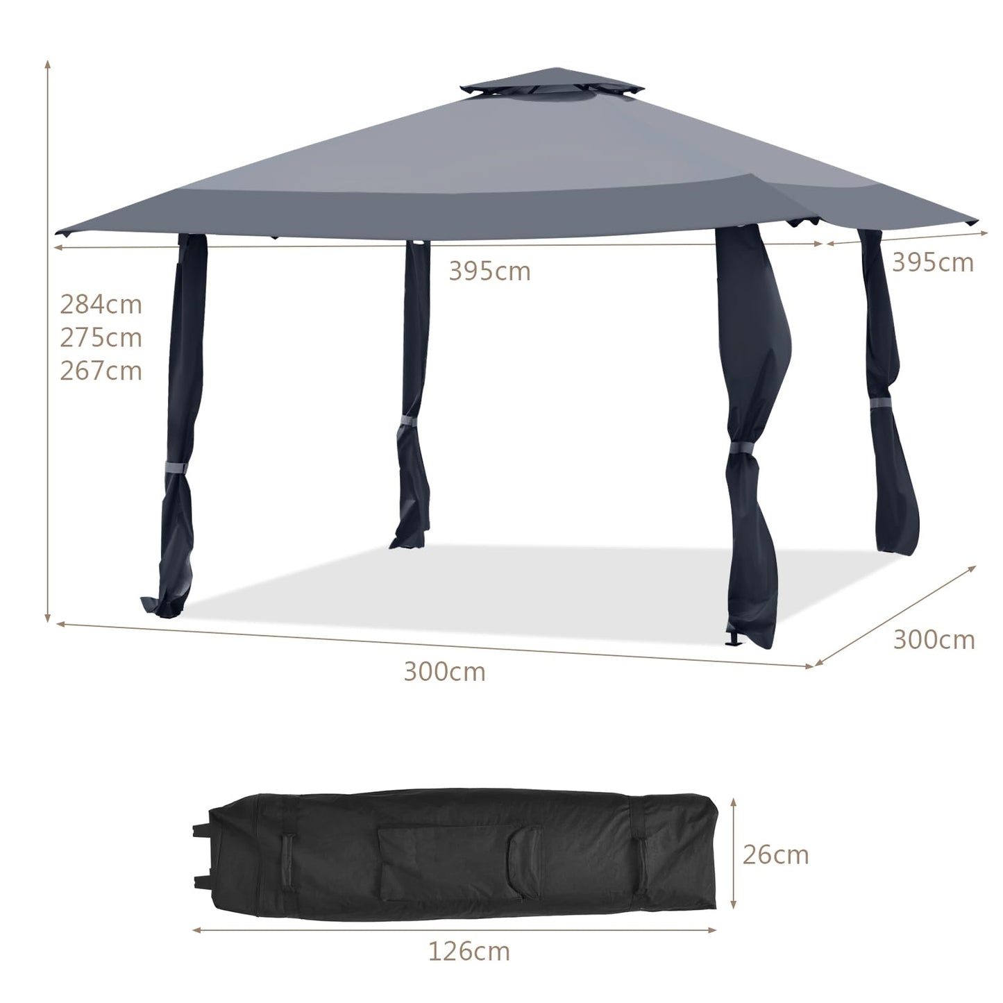 Tuinpaviljoen – Tuinprieel – Partytent – Pergola – Gazebo – 4x4 meter – Waterafstotend & UV-bescherming 50+ – Inclusief 4 muggennetten en draagtas met wieltjes