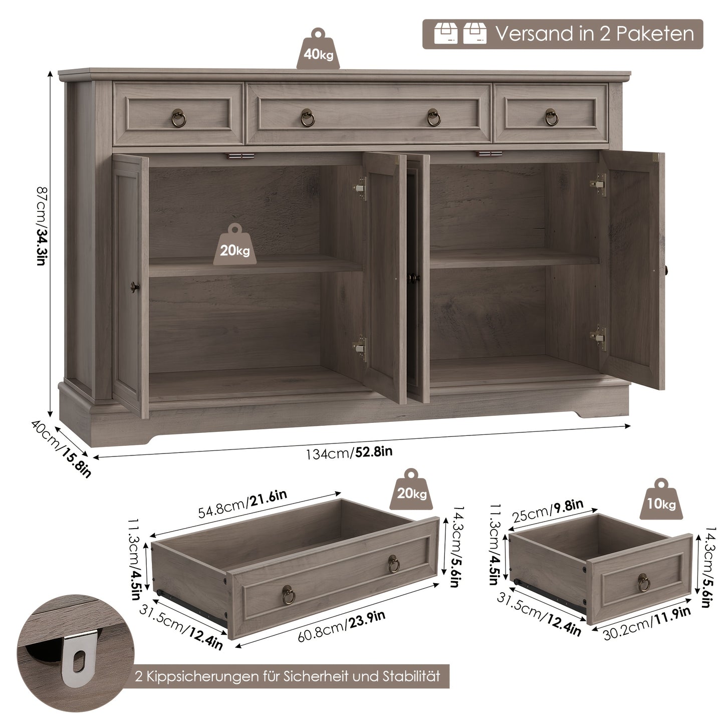 Kast Ladenkast – Dressoir Opbergkast Sideboard Commode – Wit Hout – 2-Deurs 4-Laden – Verstelbare Planken – Stevige Houten Constructie
