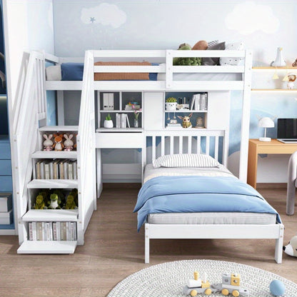 Stapelbed – Multifunctioneel Bed – Hoogslaper – Kinderbed – Tienerbed – Wit – Inclusief Bureau en Opbergruimte – 90x200 cm – Stevig Frame met Lattenbodem – Ruimtebesparend Design