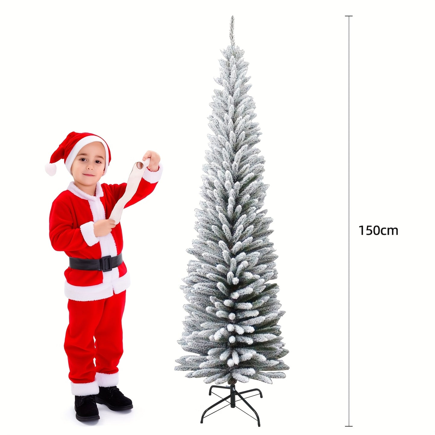 Kunstkerstboom – Smalle Kerstboom – Flocked Kerstboom – Pencil Boom – Sneeuwboom – 150 cm Hoog – 350 PVC Takken – Stevige Metalen Standvoet – Vouwbaar Zonder Elektriciteit