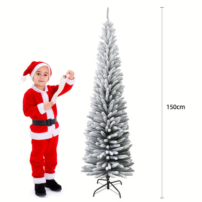 Kunstkerstboom – Smalle Kerstboom – Flocked Kerstboom – Pencil Boom – Sneeuwboom – 150 cm Hoog – 350 PVC Takken – Stevige Metalen Standvoet – Vouwbaar Zonder Elektriciteit