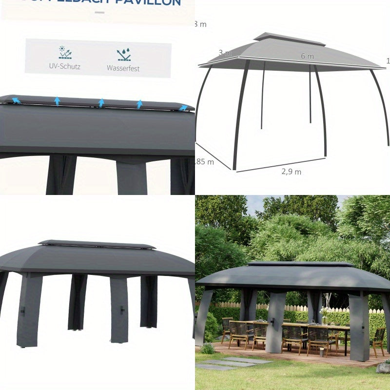 Partytent – Paviljoen – Tuintent – Feesttent – Overkapping – 3x6 m – Met Dubbele Dakbedekking en Zijwanden Met Muggennet – Stevig Metalen Frame – Ruim Voor 15 Personen – Donkergrijs/Zwart