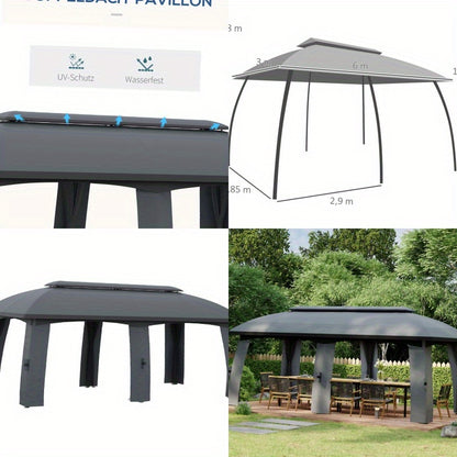 Partytent – Paviljoen – Tuintent – Feesttent – Overkapping – 3x6 m – Met Dubbele Dakbedekking en Zijwanden Met Muggennet – Stevig Metalen Frame – Ruim Voor 15 Personen – Donkergrijs/Zwart