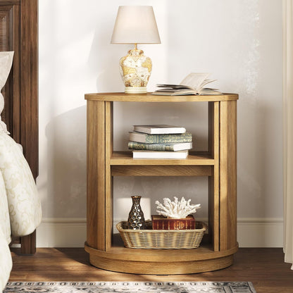 Nachtkastje – Bijzettafel – Opbergtafeltje – Bedtafel – Accenttafel – Ronde Vorm – 3 Opslagniveaus – Natuurlijke Houtlook – Compact & Stevig MDF