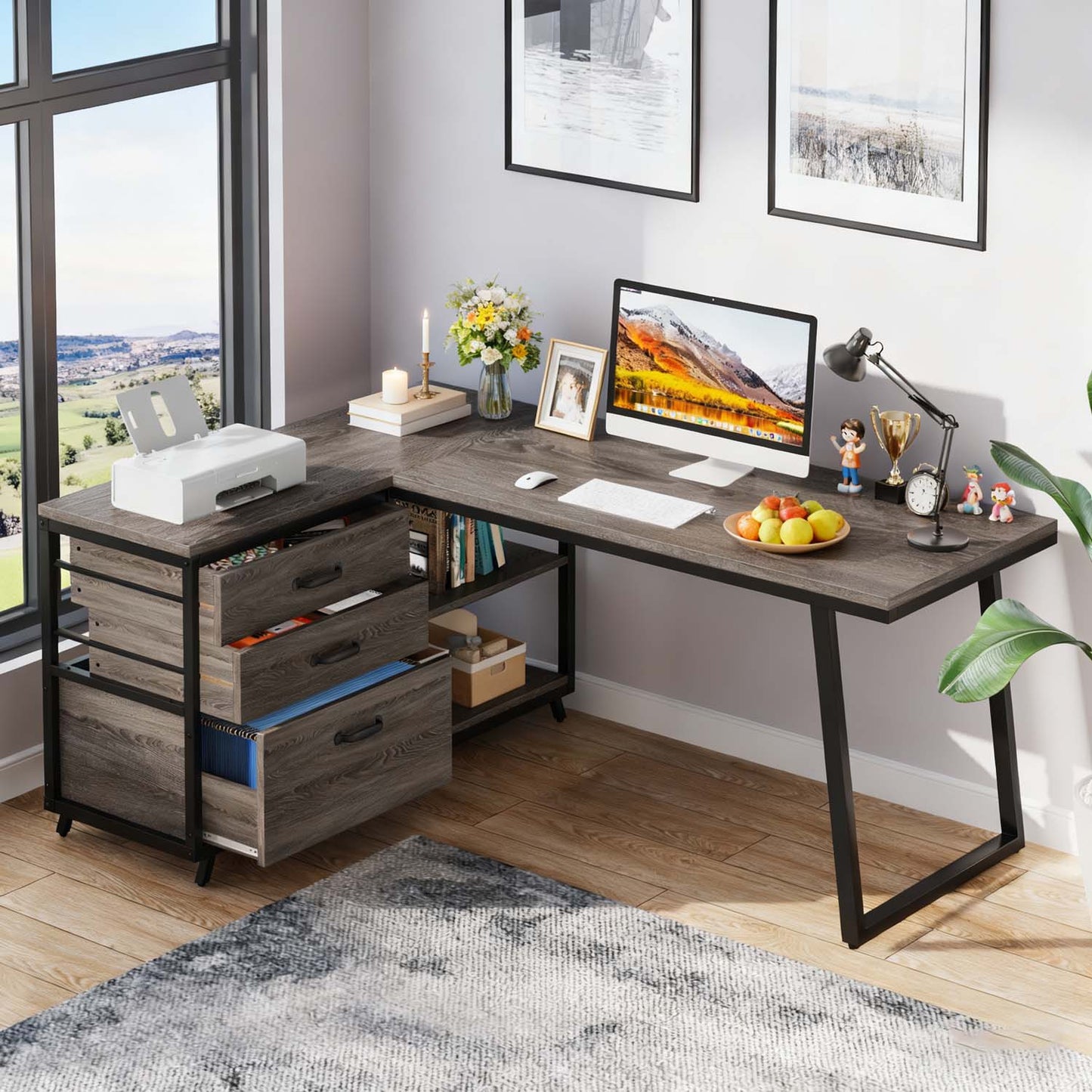 L-Shaped Corner Desk Suitable for Home Office - Reversible Computer Desk with 3-Drawer Storage & 2-Tier Shelves, Space-Saving Wide Workstation Table, Assembly, Engineered Wood
