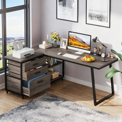 L-Shaped Corner Desk Suitable for Home Office - Reversible Computer Desk with 3-Drawer Storage & 2-Tier Shelves, Space-Saving Wide Workstation Table, Assembly, Engineered Wood