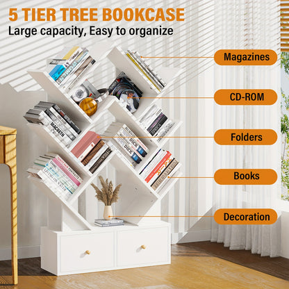 Boomvormige Boekenkast – Boekplank – Opbergkast – Wandrek – Boekenkast Met Lades – Wit Hout – Compact 60x20x100 cm – Vrijstaand & Duurzaam