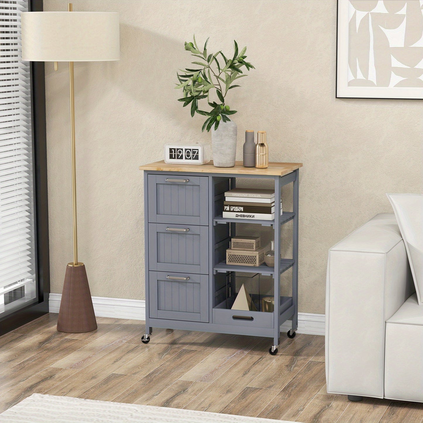 Keukentrolley – Keukenkast – Serveerwagen – Opbergtrolley – Keukenrek – Mobiel met Wieltjes – Rubberwood Werkblad – 3 Lades & Afneembare Planken