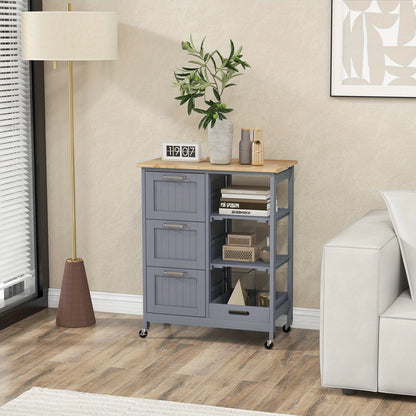 Keukentrolley – Keukenkast – Serveerwagen – Opbergtrolley – Keukenrek – Mobiel met Wieltjes – Rubberwood Werkblad – 3 Lades & Afneembare Planken