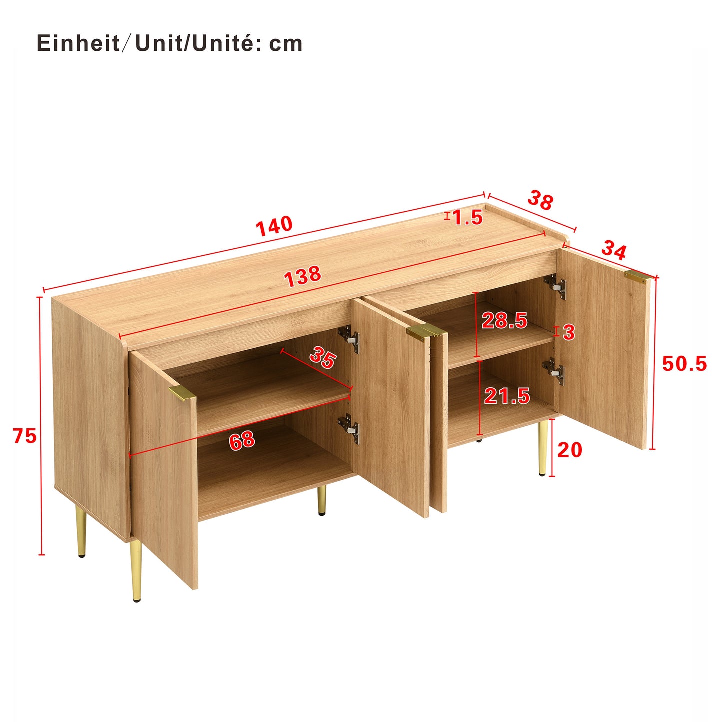 Modern Sideboard – Dressoir – Opbergkast – Wandkast – Kast – Gebogen Reliëfdeuren – Goudkleurige Metalen Poten – 140 cm – Verstelbare Planken