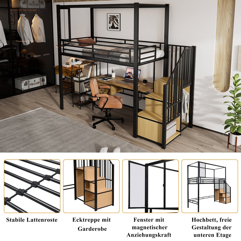 Hoogslaper – Stalen Bed – Met Trap – Opberglade – Kinderbed – IJzer & MDF – Acryl Raampaneel Met Magneet – Ruimtebesparend Design