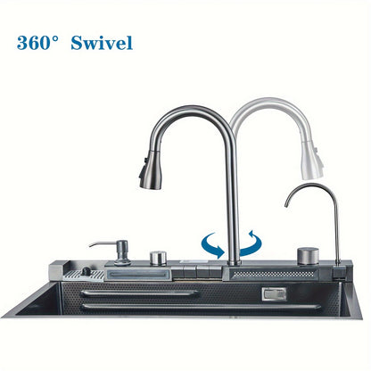 Waterval Spoelbak – Keukenspoelbak – Enkele Kom – Spoeltafel – Spoelbak Met Kraan – Roestvrij Staal – Uittrekbare Sproeikop – Grijs Mat