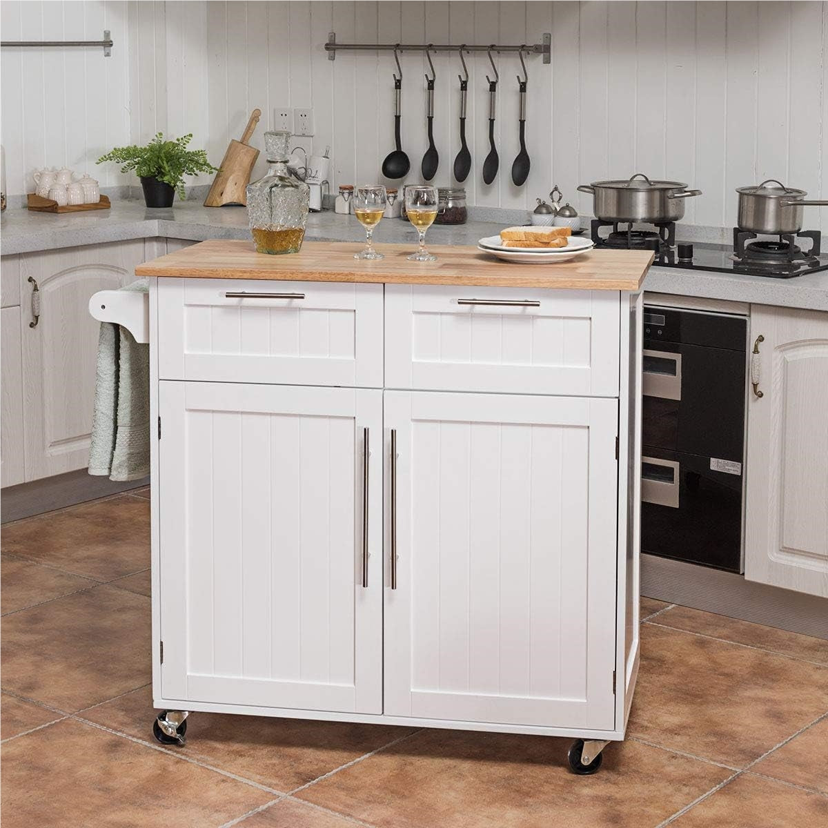 Keukeneiland – Keukenwagen – Serveerwagen – Werktafel – Keukentrolley – Met Handdoekhouder – 2 Laden & 2 Deuren – Witte Rubberwood Constructie
