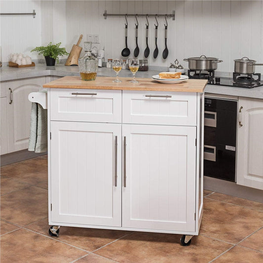 Keukeneiland – Keukenwagen – Serveerwagen – Werktafel – Keukentrolley – Met Handdoekhouder – 2 Laden & 2 Deuren – Witte Rubberwood Constructie