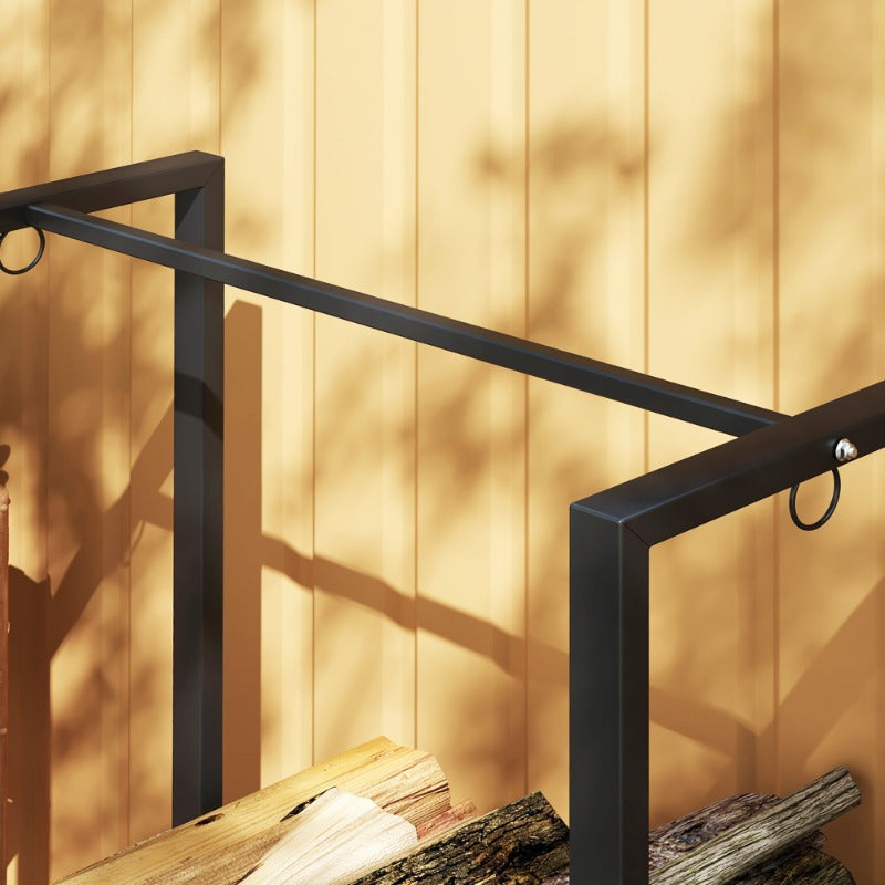 Vuurhoutrek – Houtopslag – Houtstapelrek – Houtdrager – Houtrek – Stalen Constructie – 200 kg Capaciteit – 2 Secties – Inclusief 3 Haken – Zwart – Binnen en Buiten
