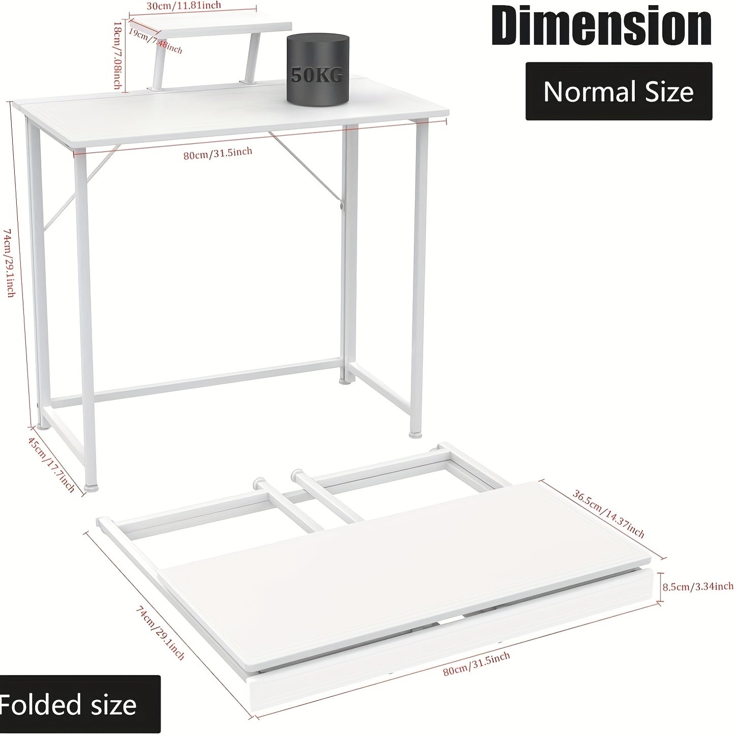 Bureaublad – Bureau – Werkplek – Computerbureau – Kantoorbureau – Ergonomisch Design – Inklapbaar – 80x45x74 cm – Stevig Metalen Frame