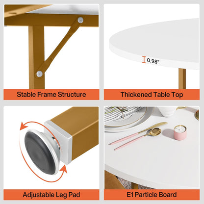 Ronde Eettafel – Ronde Tafel – Eetkamertafel – Keukentafel – Bistrotafel – Industrieel Design – 120 cm Diameter – Houten Tafelblad Met Opbergrek – Wit Goud