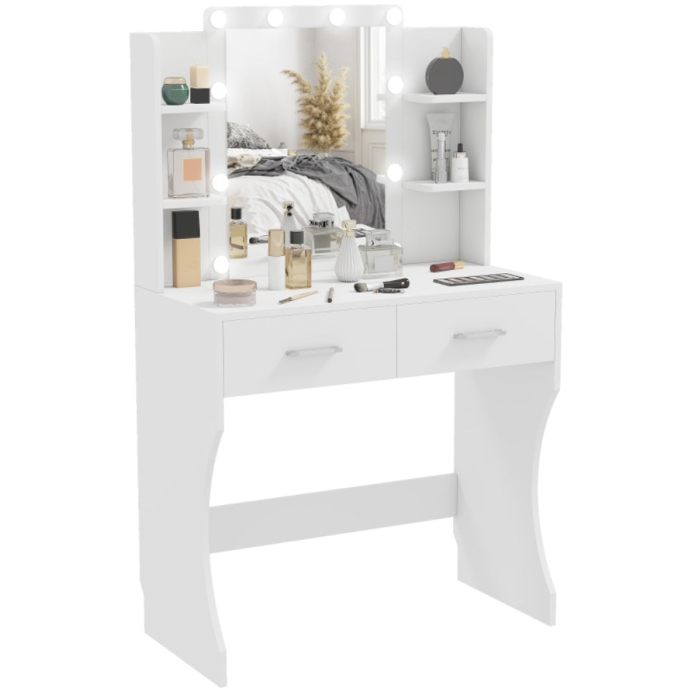 Make-up Tafel – Vanity Table – Dressing Table – Make-up Bureau – Schoonheidstafel – Wit – Compact Ontwerp – Stevig Metalen Frame – Lage Hoogte – 2 Lades & Open Planken