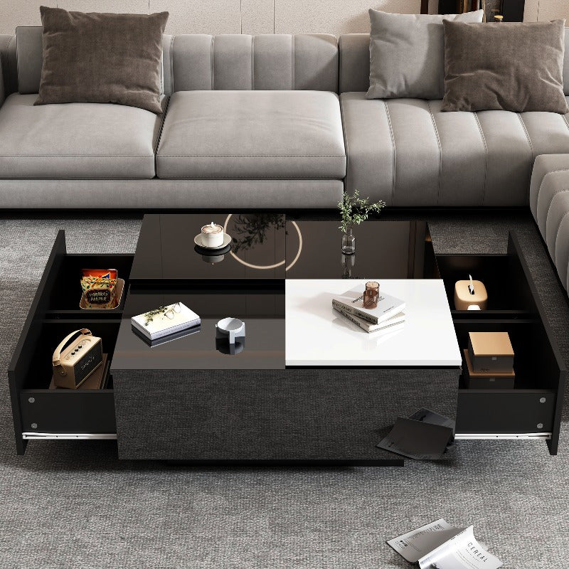 Zwarte Vierkante Salontafel – Koffietafel – Bijzettafel – Woonkamertafel – Opbergtafel – Verwijderbaar Wit Blad – Stabiele Metalen Driepootbasis 75x75x35 cm