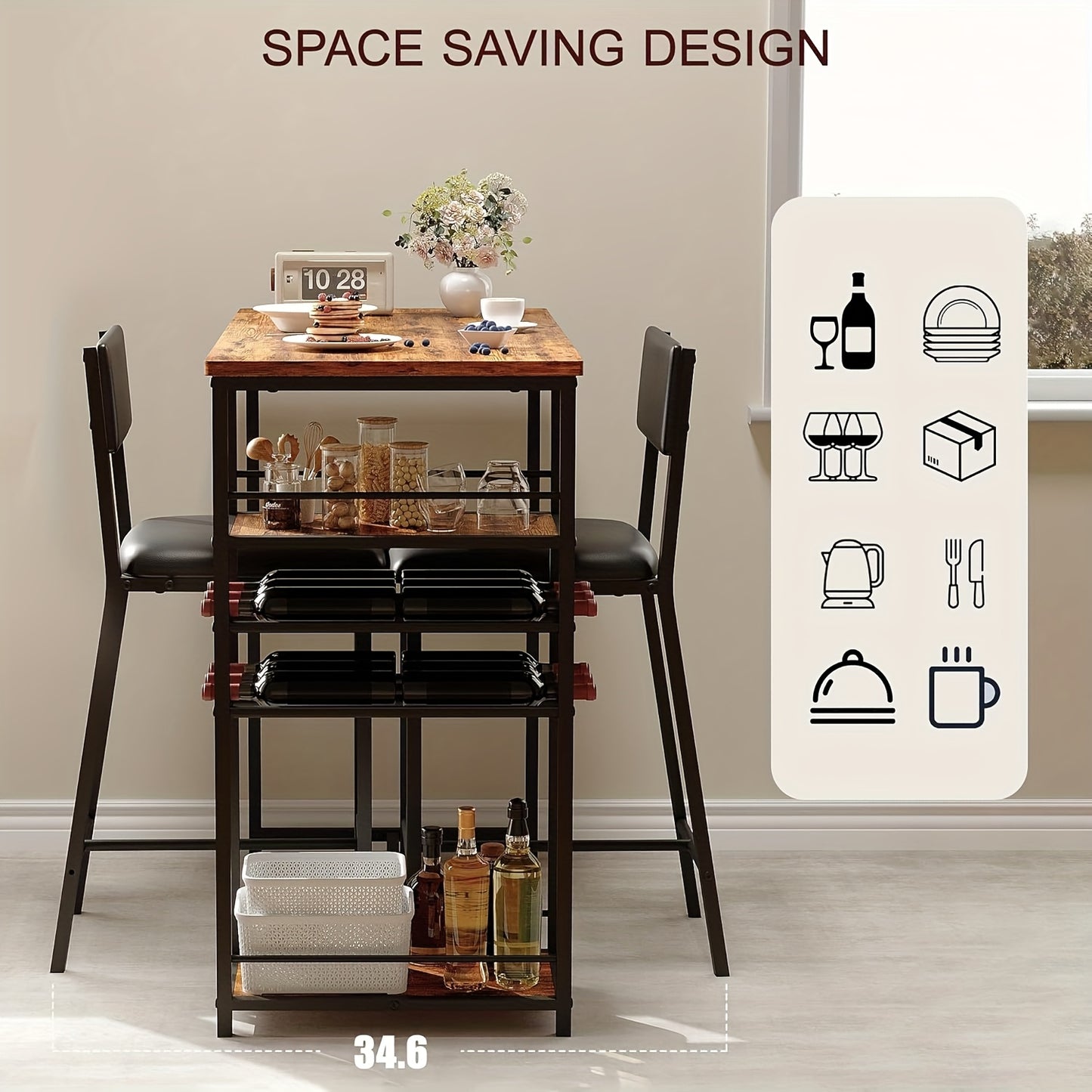 Bistroset – Tuinset – Balkonset – Eettafelset – Tuinmeubelset – Compact Rechthoekig – Met Opbergrekken – Metalen Frame Bruin – Beklede Stoelen Met Slat-Back Rugleuning