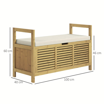 Schoenenbank – Schoenenrek – Halbank – Opbergbank – Zitbank – Bamboe – Met Scharnierend Deksel – Zacht Kussen – 100x40x60 cm