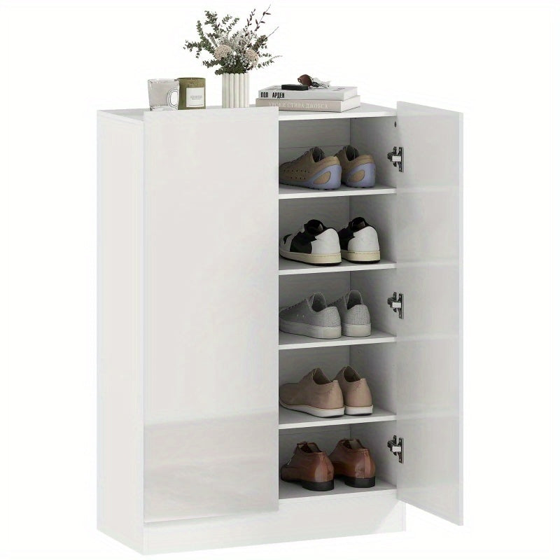 5-Tier Shoe Rack Cabinet with Shoe Bench - Narrow Entryway Shoe Organizer, Space-Saving Shoe Storage Cabinet, Sturdy Hardwood Construction