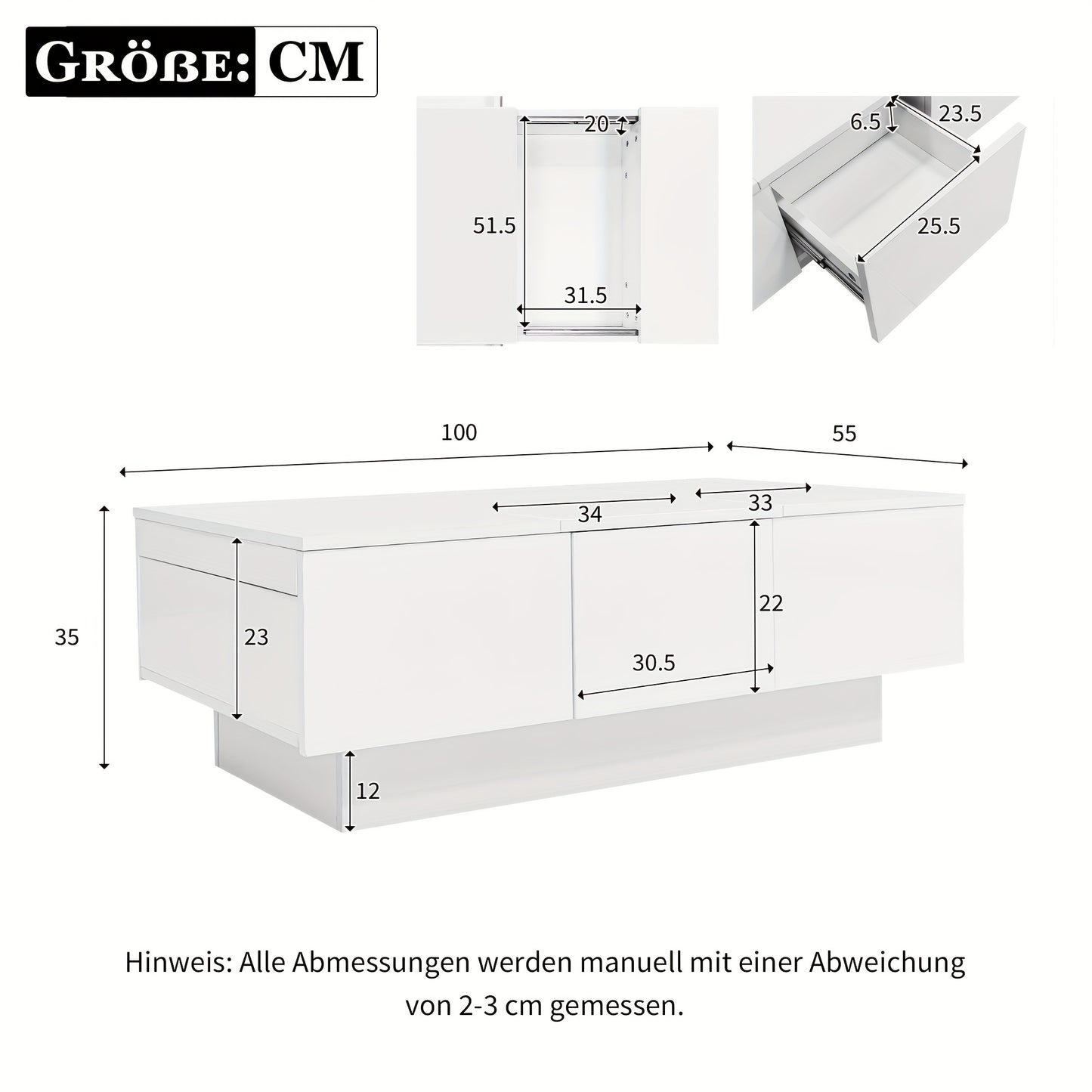 Salontafel – Coffee Table – Woonkamertafel – Tafeltje – Tafel met Opbergruimte – Wit Met Schuiffunctie – 2 Verborgen Vakken & 2 Lades – 100x55x35 cm – Modern Design