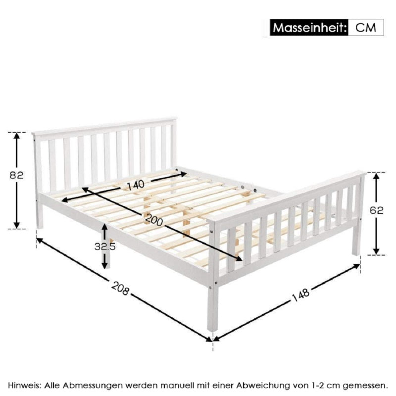 2-Persoons Bed – Tweepersoonsbed – Houten Bed – Bedframe – Bed Met Lattenbodem – Massief Dennehouten Frame – 140 x 200 cm – Opbergruimte Onder Bed 23,5 cm