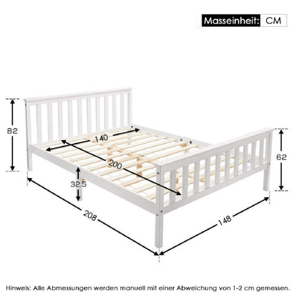 2-Persoons Bed – Tweepersoonsbed – Houten Bed – Bedframe – Bed Met Lattenbodem – Massief Dennehouten Frame – 140 x 200 cm – Opbergruimte Onder Bed 23,5 cm