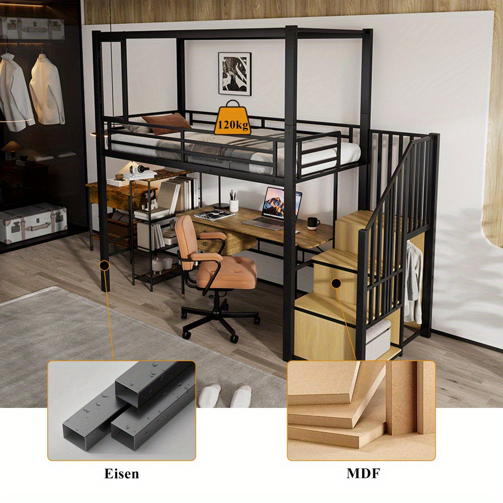 Hoogslaper – Kinderhoogslaper – Stapelbed – Eenpersoonsbed – Bedframe – Met Trap en Kledingkast – Stabiel Metalen Frame – Magnetische Deur – Ruimtebesparend 90x200 cm – Modern Industrieel