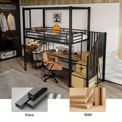 Hoogslaper – Kinderhoogslaper – Stapelbed – Eenpersoonsbed – Bedframe – Met Trap en Kledingkast – Stabiel Metalen Frame – Magnetische Deur – Ruimtebesparend 90x200 cm – Modern Industrieel
