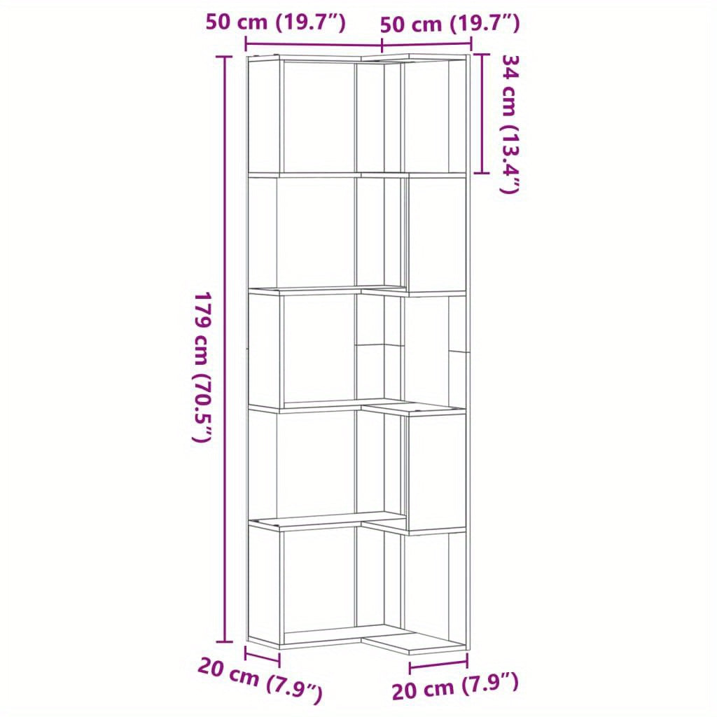 Hoekboekenplank – Boekenkast – Hoekkast – Wandrek – Opbergmeubel – Betonlook Grijs – 5 Planken – 50x50x179 cm – Hout en Kunstboard