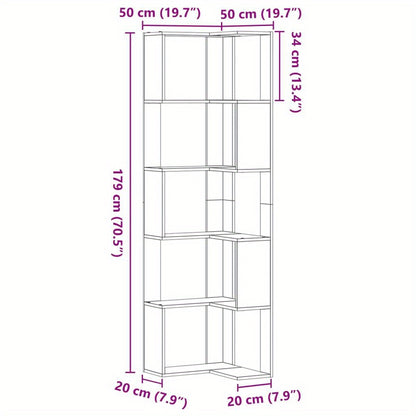 Hoekboekenplank – Boekenkast – Hoekkast – Wandrek – Opbergmeubel – Betonlook Grijs – 5 Planken – 50x50x179 cm – Hout en Kunstboard