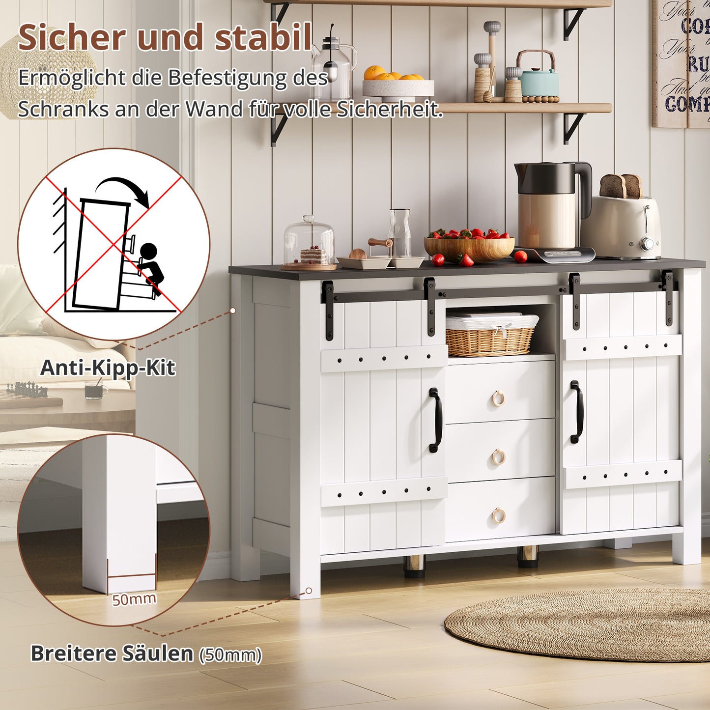 Buffetkastje – Buffetkast – Dressoir – Opbergkast – Sideboard – Wit Met Houten Accenten – 120x40x80 cm – MDF – Schuifdeuren En 3 Lades