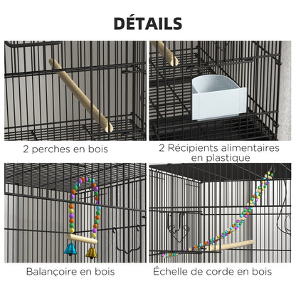 Vogelkooi – Vogelverblijf – Vogelhuis – Vogelkast – Vogelren – Dubbele Kooi Met Standaard – Verwijderbare Bak – Robuust Stalen Frame – Wieltjes Met Remmen – 77L x 46W x 164H cm – Zwarte Kleur