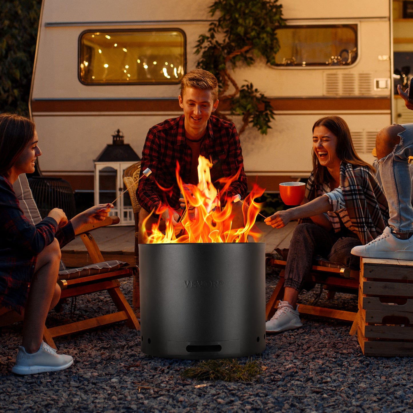 Vuurkorf – Vuurplaats – Vuurschaal – Houtkachel – Buitenhaard – Rookvrij Ontwerp – 430 Roestvrij Staal – 38 cm Diameter – Inclusief Vuurroer en Antislip Voeten – Zwart