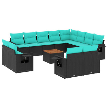 Tuinbank – Buitenbank – Tuinbankje – Tuinmeubel – Loungeset – Weerbestendig PE-rattan – Inklapbare Bijzettafeltjes – Acaciahouten Tafelblad – Wasbare Kussenhoezen – Zwart/Blauw