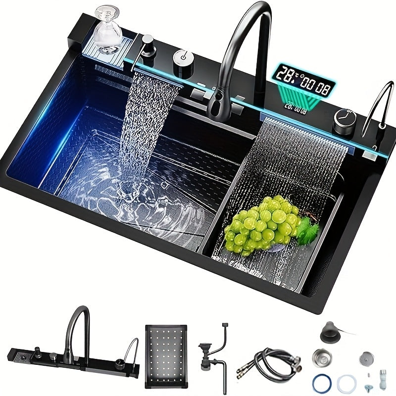 Keukenkraan – Keukenset – Mengkraan – Spoelbak – Sproeikop – RVS – Uittrekbare Watervalkraan – Digitale Kraan – 68x45 cm – Glazen Spoelunit