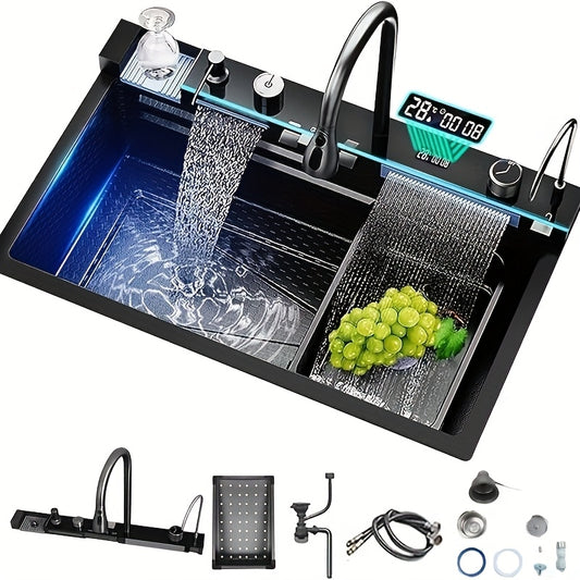 Keukenkraan – Keukenset – Mengkraan – Spoelbak – Sproeikop – RVS – Uittrekbare Watervalkraan – Digitale Kraan – 68x45 cm – Glazen Spoelunit