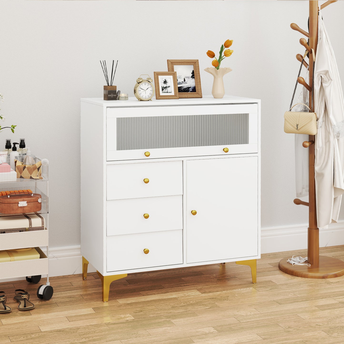 Ladekast Slaapkamer – Dressoir – Opbergkast – Commode – Nachtkastje – Wit – 3 Lades en 2 Vakken – Stabiel Met Metalen Poten