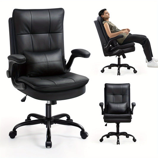 Bureaustoel – Ergonomische Stoel – Office Chair – Gamingstoel – Computerstoel – Dubbel Gevuld Rugkussen – Verstelbare Opklapbare Armleuningen – Draaifunctie & Kantelfunctie – Max 150 kg – Zwart