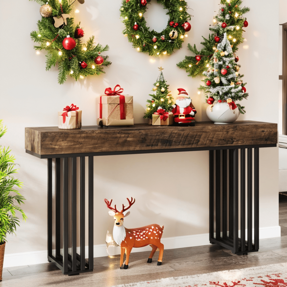 Industrieel Sidetable – Console Tafel – Sofa Tafel – Halmeubel – Smalle Tafel – Metaal Frame – Houtlook Blad – 113,4 KG Draagkracht – Eenvoudige Montage – Bruin
