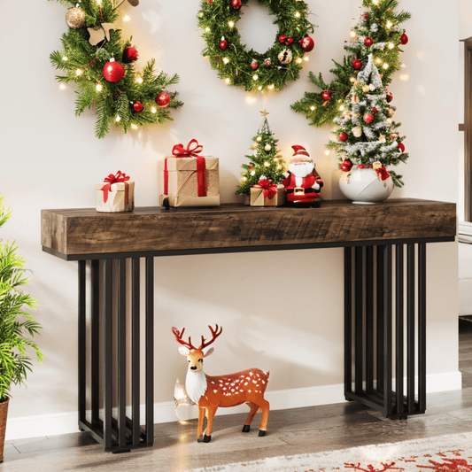 Industrieel Sidetable – Console Tafel – Sofa Tafel – Halmeubel – Smalle Tafel – Metaal Frame – Houtlook Blad – 113,4 KG Draagkracht – Eenvoudige Montage – Bruin