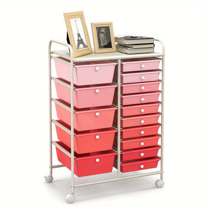 Opbergwagen – Opbergtrolley – Rollwagen – Opbergrek – Opbergkast – 15 Lades – Met Wieltjes – Metaal en PP – Compact 63x37x87 cm