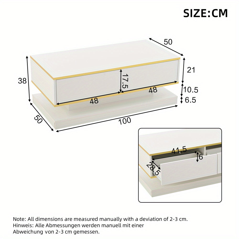 Salontafel – Woonkamertafel – Koffietafel – Bijzettafel – Coffee Table – Warm Wit Met Gouden Accenten – 2 Ruime Lades – 100 Cm Breed Met Stabiel Metalen Frame