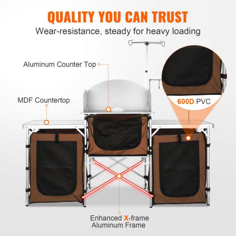 Multifunctionele Campingtafel – Opvouwbare Tafel – Buitenkeuken Tafel – Kampeertafel – 3 Kasten – Afneembaar Windscherm – Aluminium