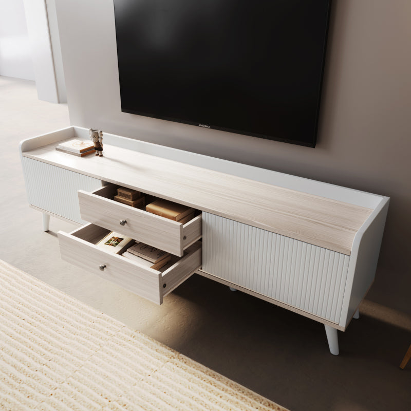 TV Meubel – TV Kast – Tv Lowboard – Media Console – Modern Cabinet – 2 Lades – Spaanplaat Wit-Hout – Compact 102-124 cm